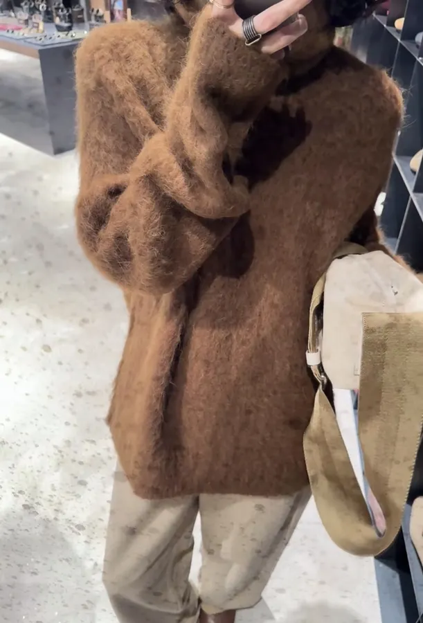 Dark Brown Fuzzy Turtleneck Sweater in Dark Brown, product view 22