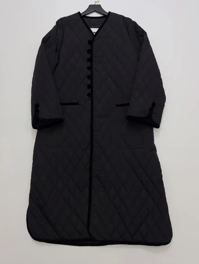 Black Diamond-Quilted Collarless Long Coat in Black, product view