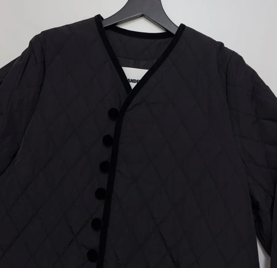 Black Diamond-Quilted Collarless Long Coat in Black, product view 03
