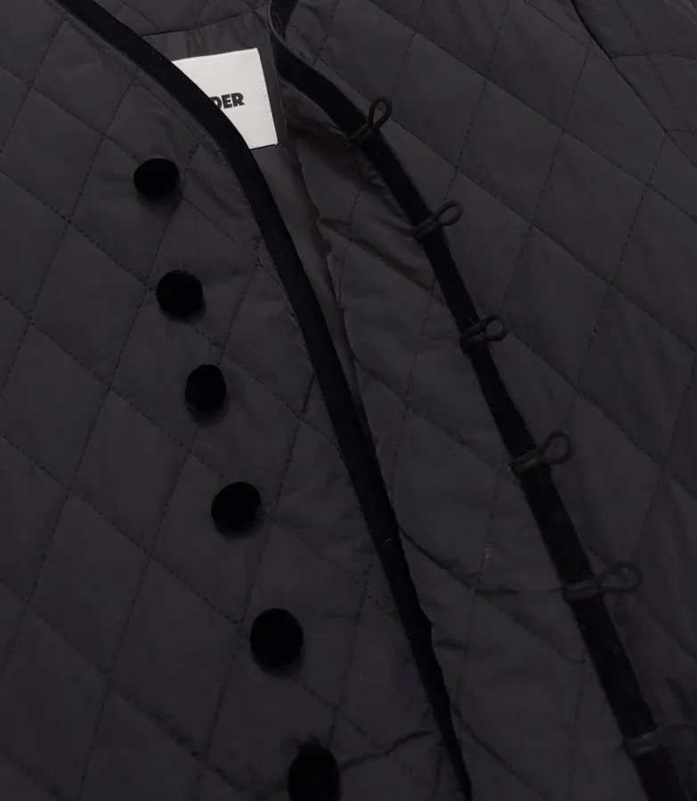 Black Diamond-Quilted Collarless Long Coat in Black, product view 05
