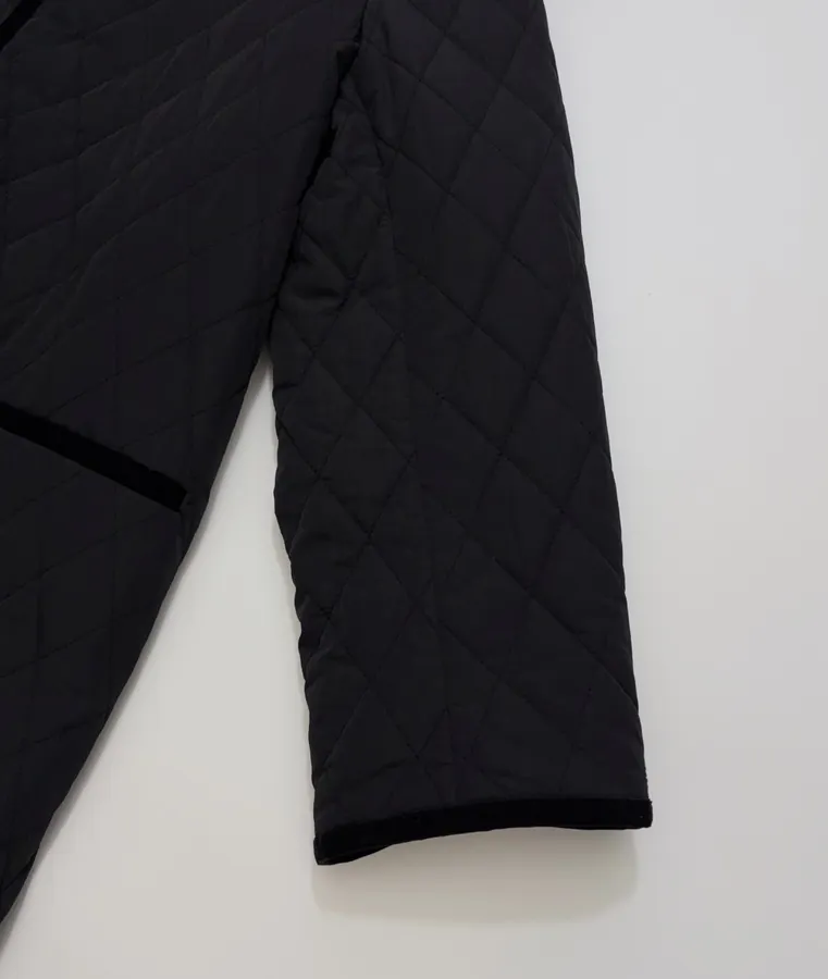 Black Diamond-Quilted Collarless Long Coat in Black, product view 07