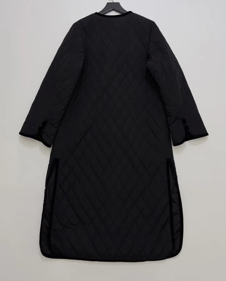 Black Diamond-Quilted Collarless Long Coat in Black, product view 15