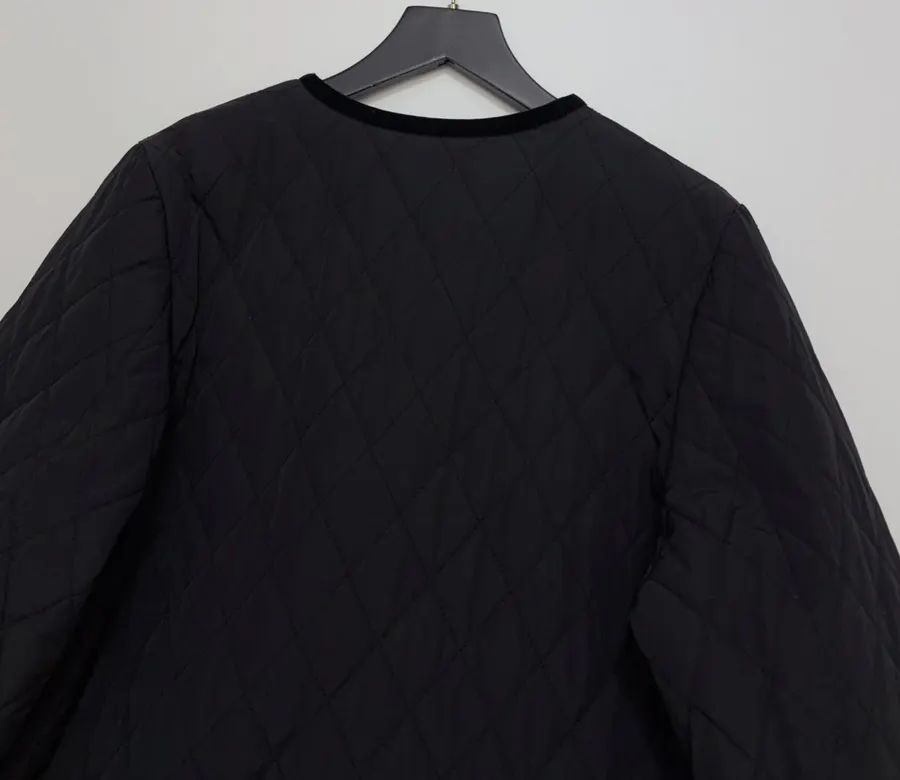 Black Diamond-Quilted Collarless Long Coat in Black, product view 16