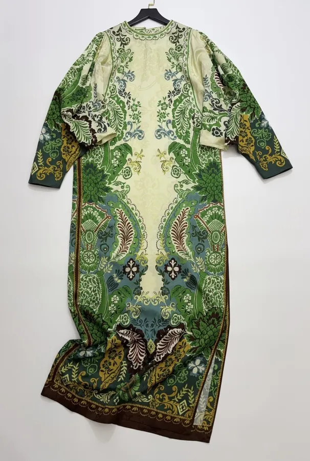 ALEMAIS Ivory and Green Paisley-Print Long-Sleeve Maxi Dress in Ivory and Green, product view 02