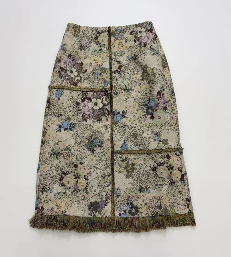 ALEMAIS Beige Floral-Tapestry Fringe-Hem Pencil Skirt in Beige Floral, product view