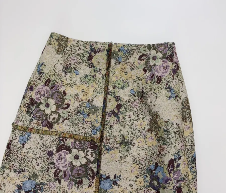 ALEMAIS Beige Floral-Tapestry Fringe-Hem Pencil Skirt in Beige Floral, product view 02