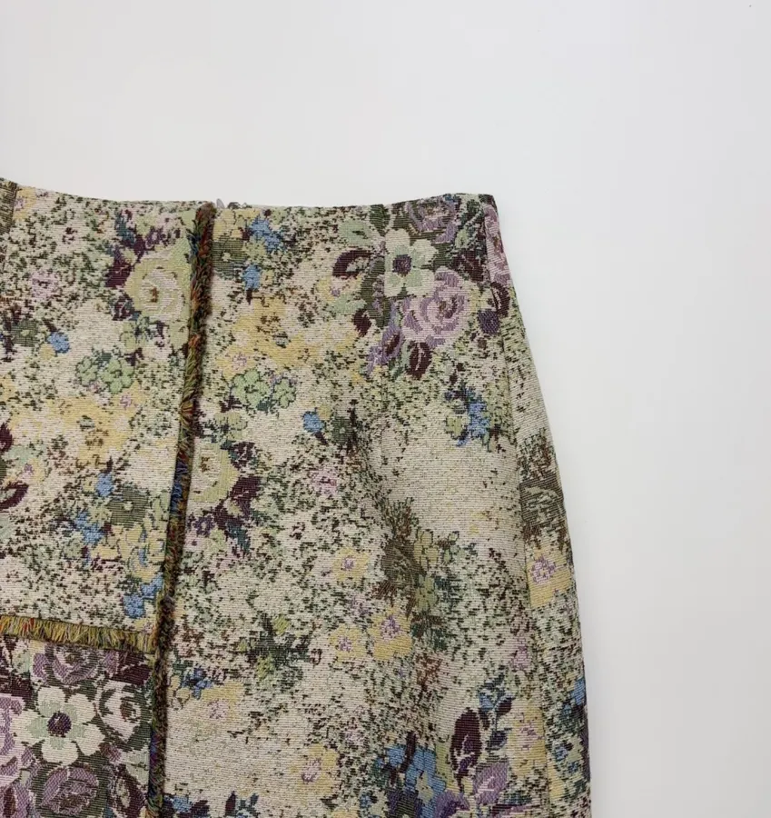 ALEMAIS Beige Floral-Tapestry Fringe-Hem Pencil Skirt in Beige Floral, product view 03
