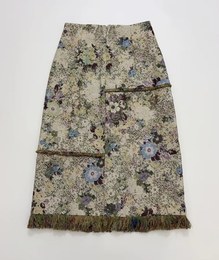 ALEMAIS Beige Floral-Tapestry Fringe-Hem Pencil Skirt in Beige Floral, product view 13