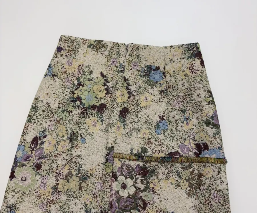 ALEMAIS Beige Floral-Tapestry Fringe-Hem Pencil Skirt in Beige Floral, product view 14
