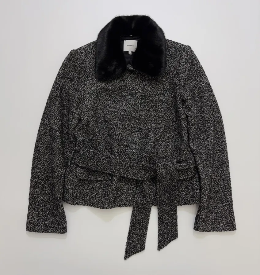 Reformation 灰色粗花呢毛绒翻领系带夹克，Grey，商品图 1