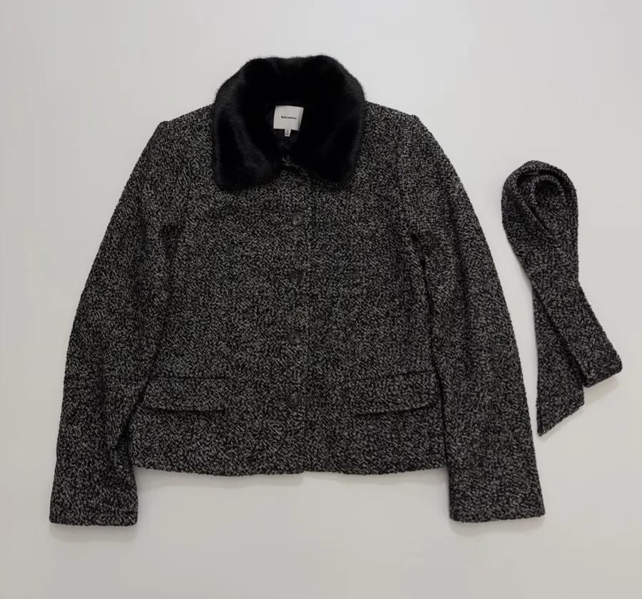 Reformation 灰色粗花呢毛绒翻领系带夹克，Grey，商品图 2