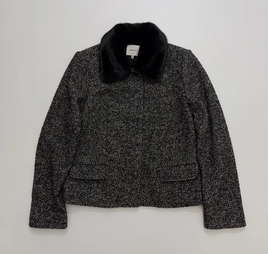 Reformation 灰色粗花呢毛绒翻领系带夹克，Grey，商品图 3