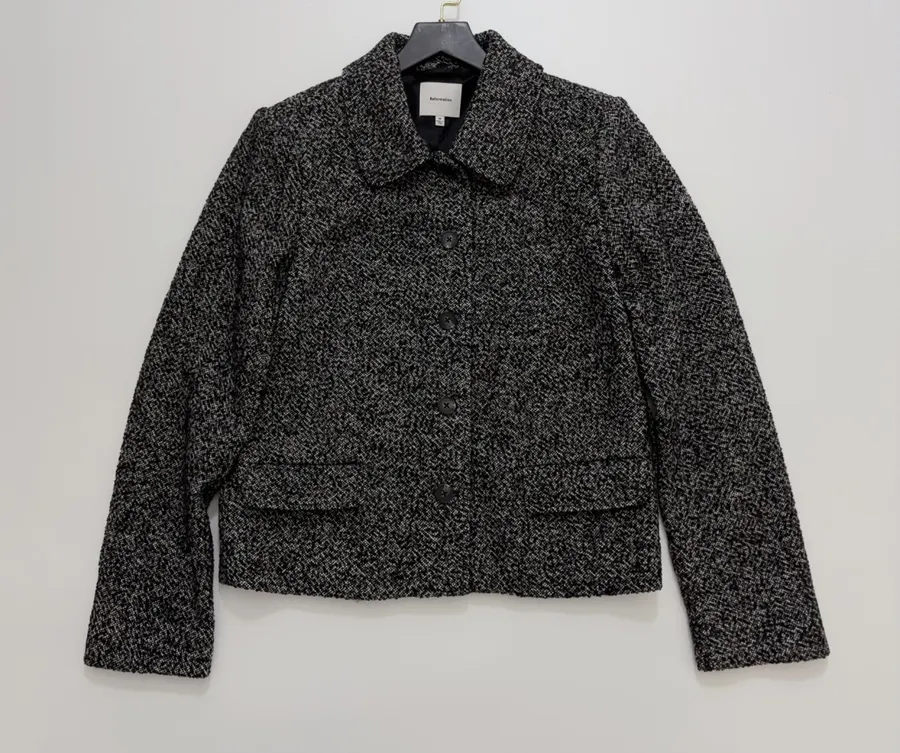 Reformation 灰色粗花呢毛绒翻领系带夹克，Grey，商品图 17