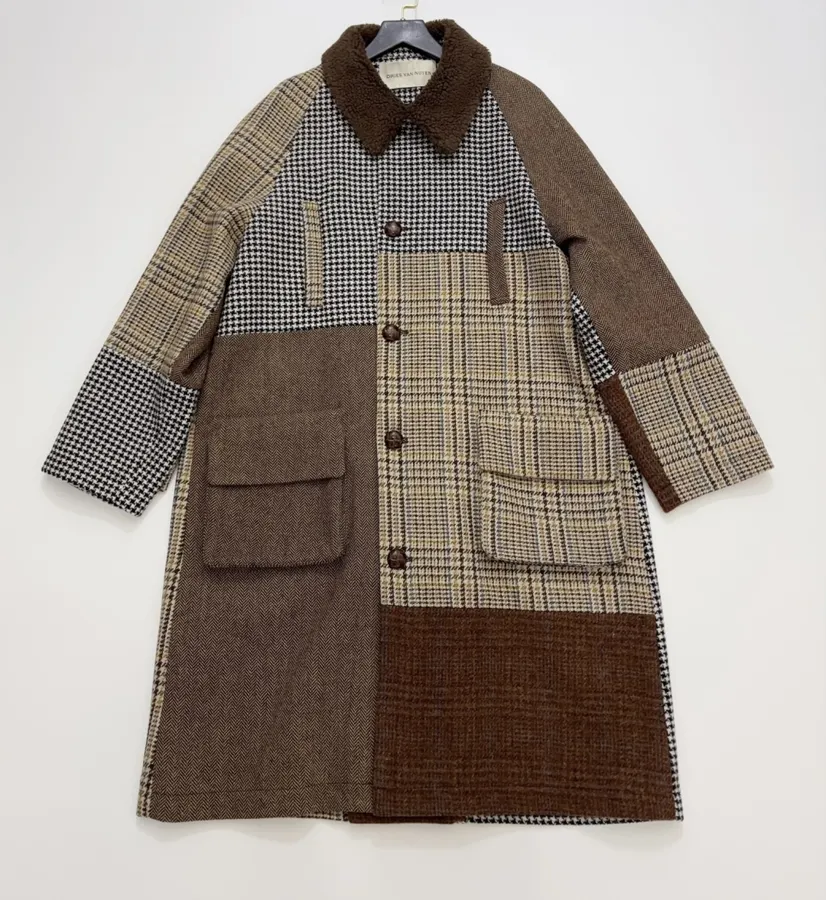 Retro Plaid Patchwork Wool Coat with Fur Collar in As Shown, product view