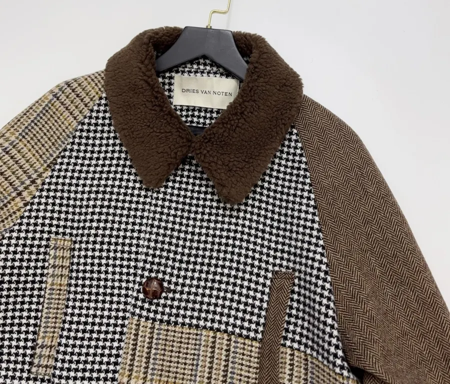 Retro Plaid Patchwork Wool Coat with Fur Collar in As Shown, product view 02