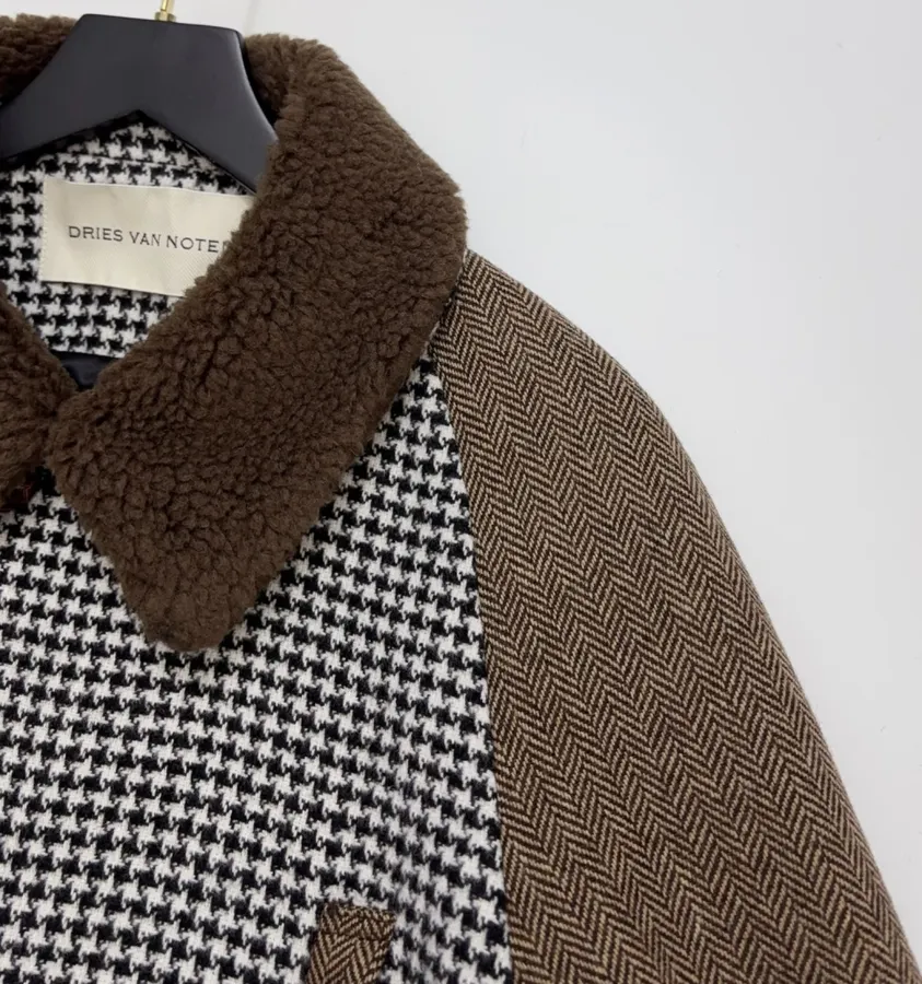 Retro Plaid Patchwork Wool Coat with Fur Collar in As Shown, product view 03