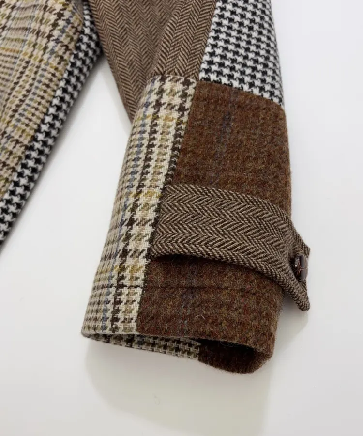 Retro Plaid Patchwork Wool Coat with Fur Collar in As Shown, product view 06