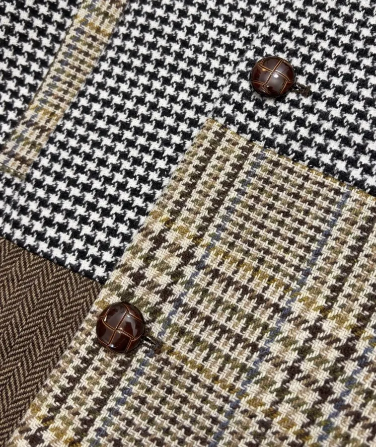 Retro Plaid Patchwork Wool Coat with Fur Collar in As Shown, product view 08