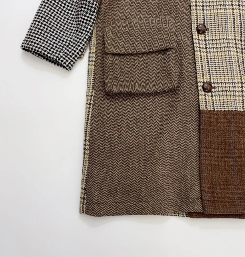 Retro Plaid Patchwork Wool Coat with Fur Collar in As Shown, product view 09