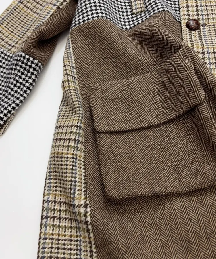 Retro Plaid Patchwork Wool Coat with Fur Collar in As Shown, product view 11