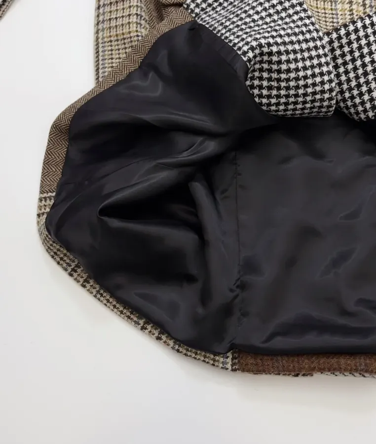 Retro Plaid Patchwork Wool Coat with Fur Collar in As Shown, product view 13