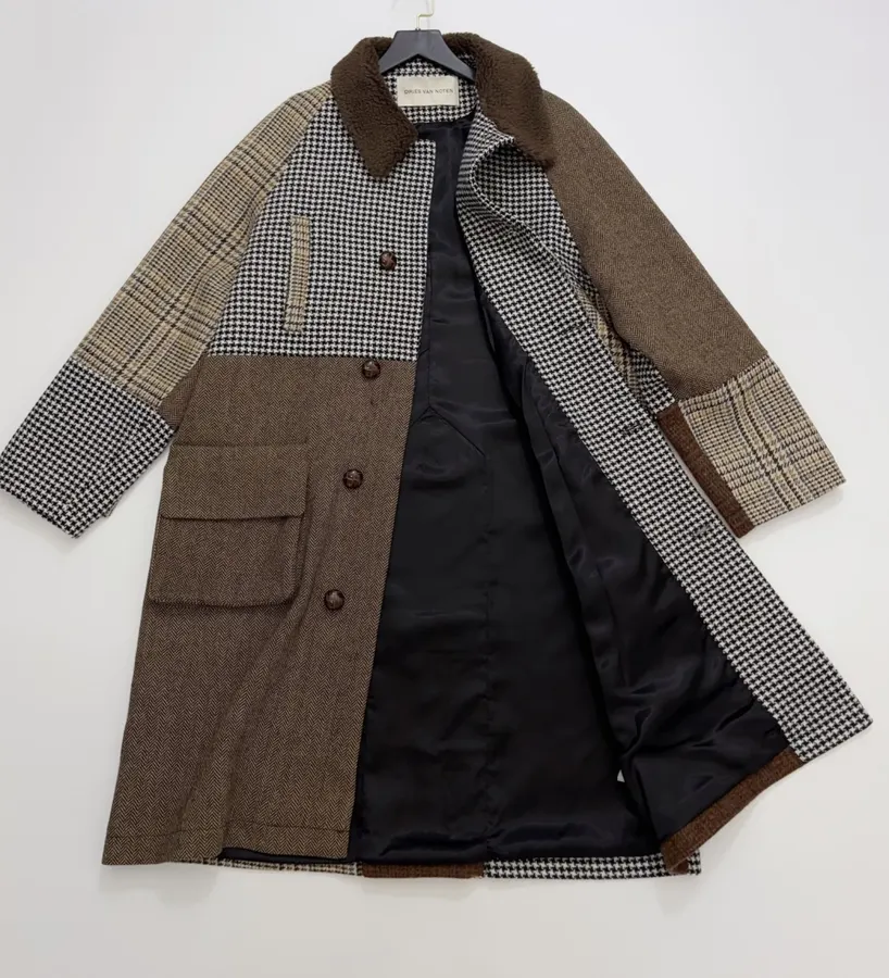 Retro Plaid Patchwork Wool Coat with Fur Collar in As Shown, product view 16