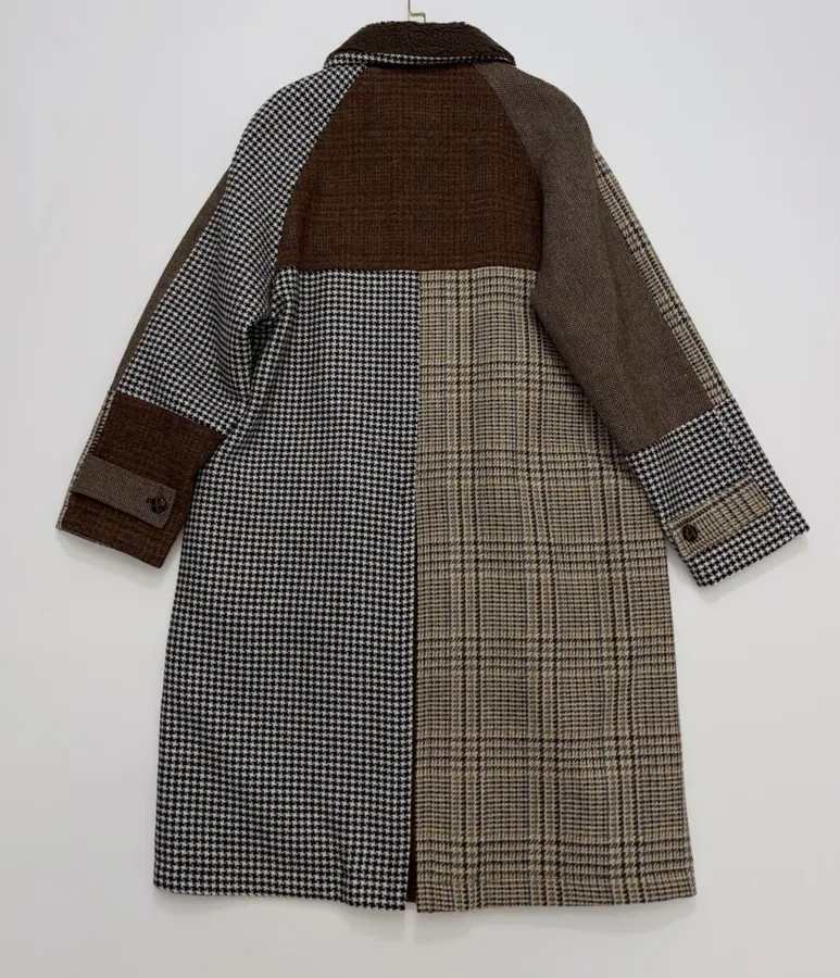 Retro Plaid Patchwork Wool Coat with Fur Collar in As Shown, product view 17