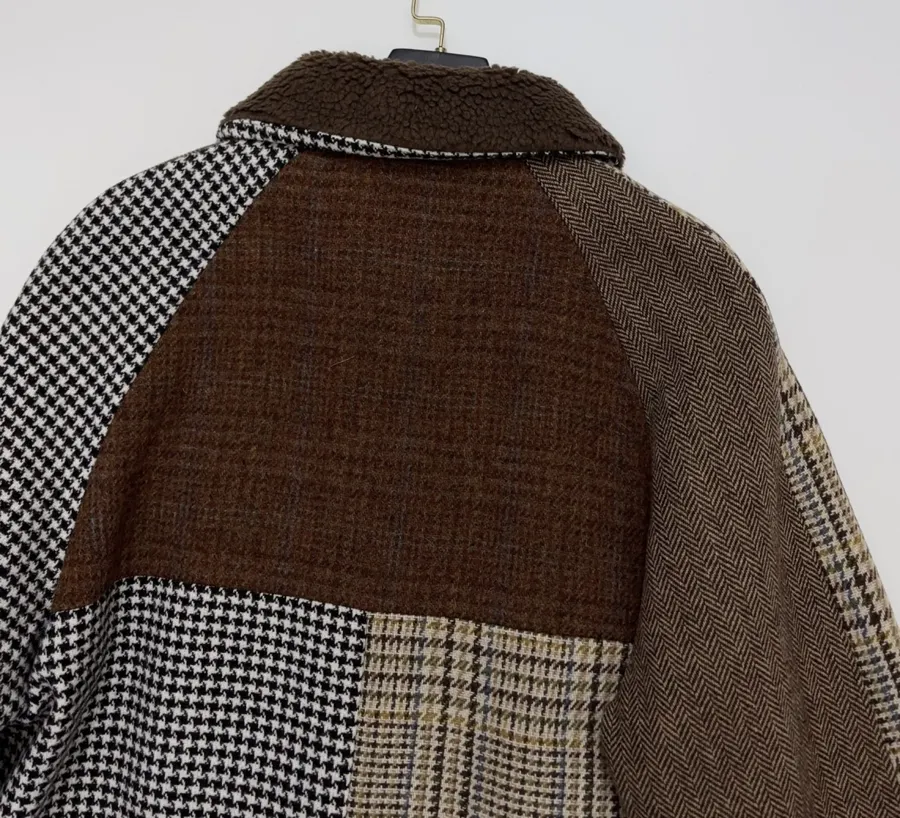 Retro Plaid Patchwork Wool Coat with Fur Collar in As Shown, product view 18