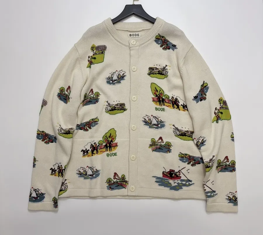 Niche Illustrated All-Over Print Cardigan with Vintage Countryside Motif in As Shown, product view 01