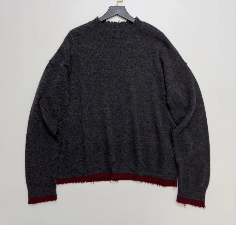 Uma Wang Brown and charcoal knit top with red distressed trim and crew neck in Gray, product view 01