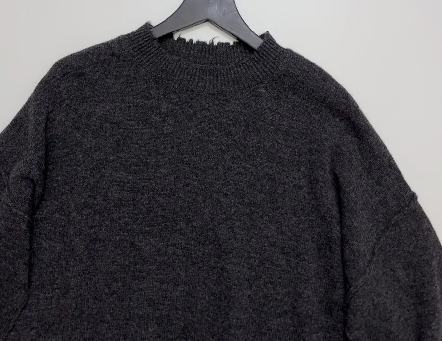 Uma Wang Brown and charcoal knit top with red distressed trim and crew neck in Gray, product view 02