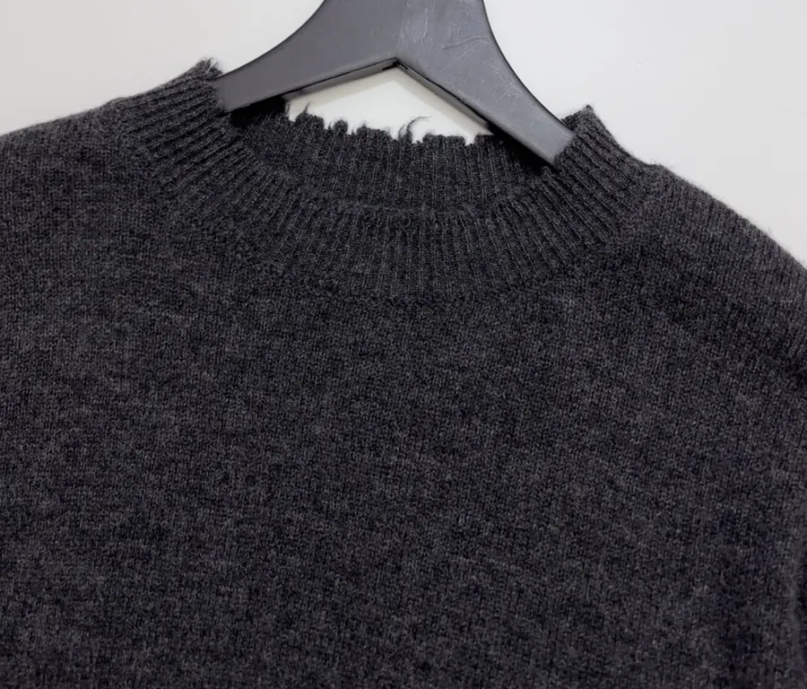 Uma Wang Brown and charcoal knit top with red distressed trim and crew neck in Gray, product view 03
