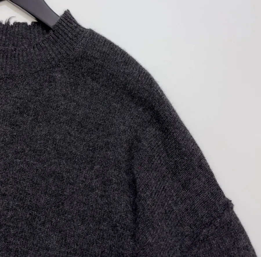 Uma Wang Brown and charcoal knit top with red distressed trim and crew neck in Gray, product view 04