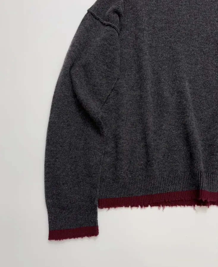 Uma Wang Brown and charcoal knit top with red distressed trim and crew neck in Gray, product view 08