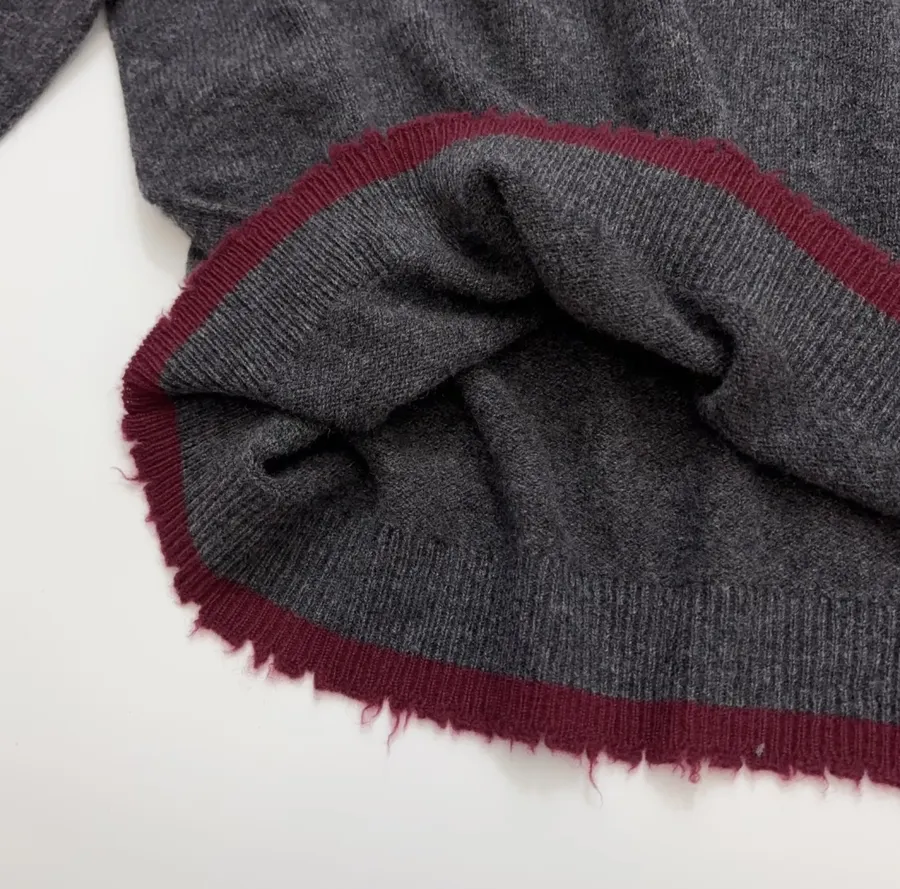 Uma Wang Brown and charcoal knit top with red distressed trim and crew neck in Gray, product view 10