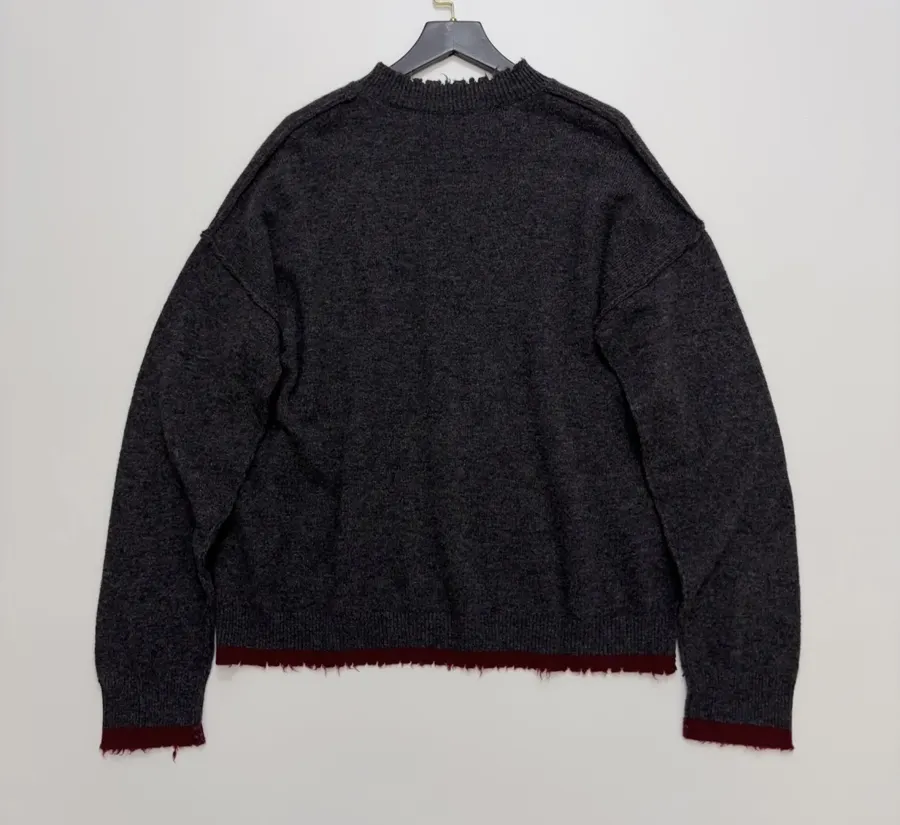 Uma Wang Brown and charcoal knit top with red distressed trim and crew neck in Gray, product view 12