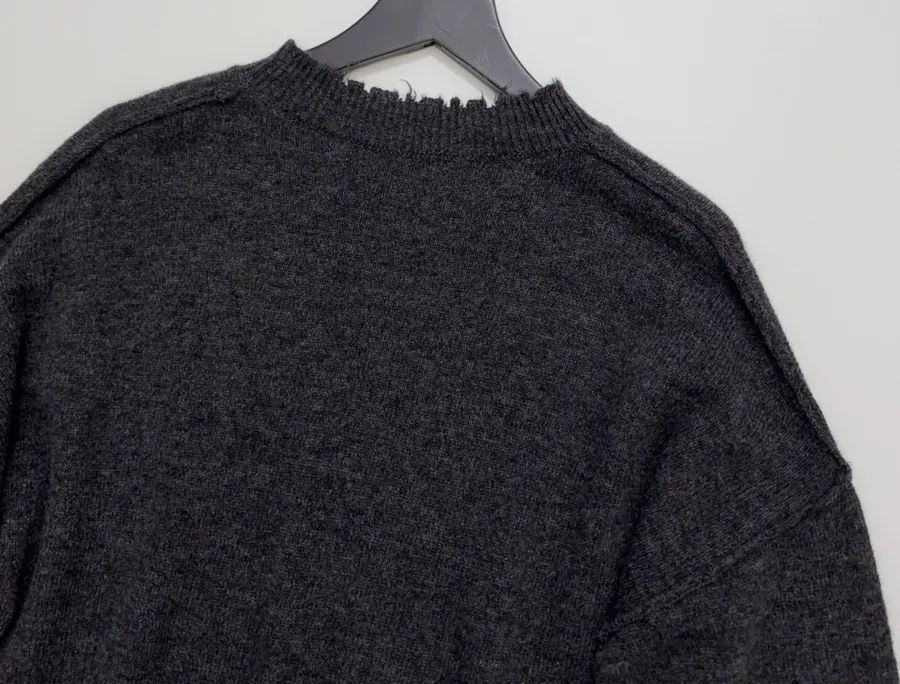 Uma Wang Brown and charcoal knit top with red distressed trim and crew neck in Gray, product view 13