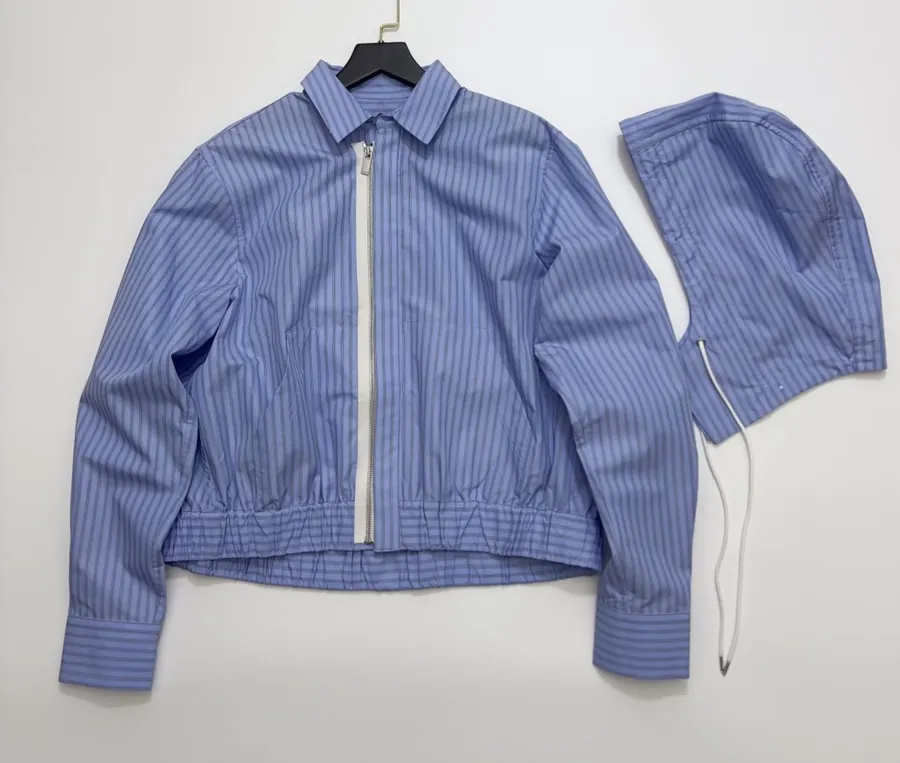 Blue Striped Cropped Zip Shirt Jacket in Blue, product view