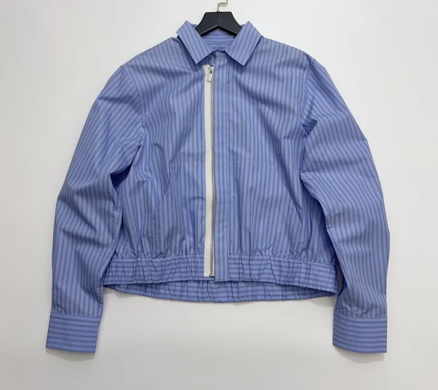Blue Striped Cropped Zip Shirt Jacket in Blue, product view 02