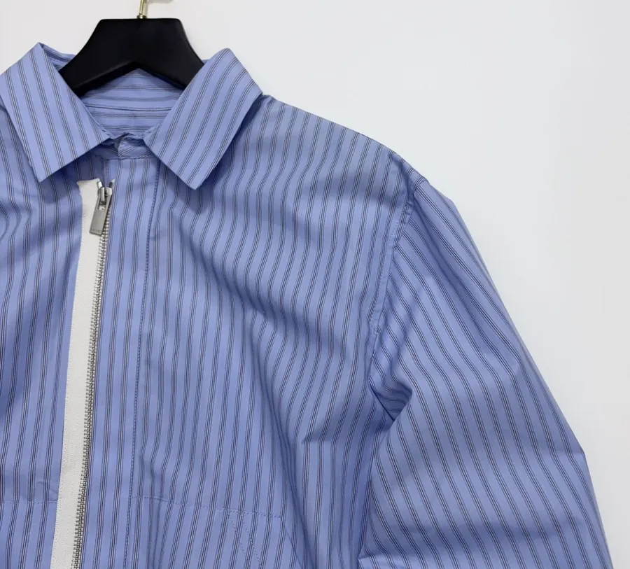 Blue Striped Cropped Zip Shirt Jacket in Blue, product view 03