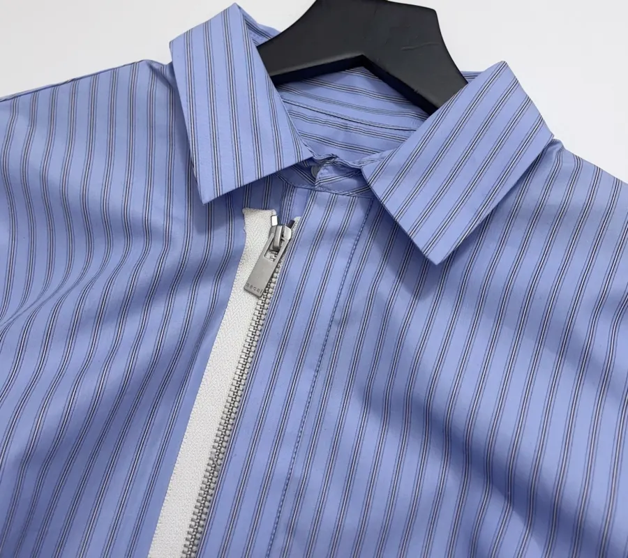 Blue Striped Cropped Zip Shirt Jacket in Blue, product view 05
