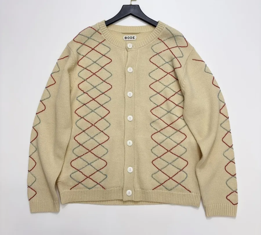 Beige Argyle Intarsia Knit Cardigan in Beige, product view 01