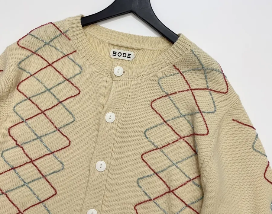 Beige Argyle Intarsia Knit Cardigan in Beige, product view 02