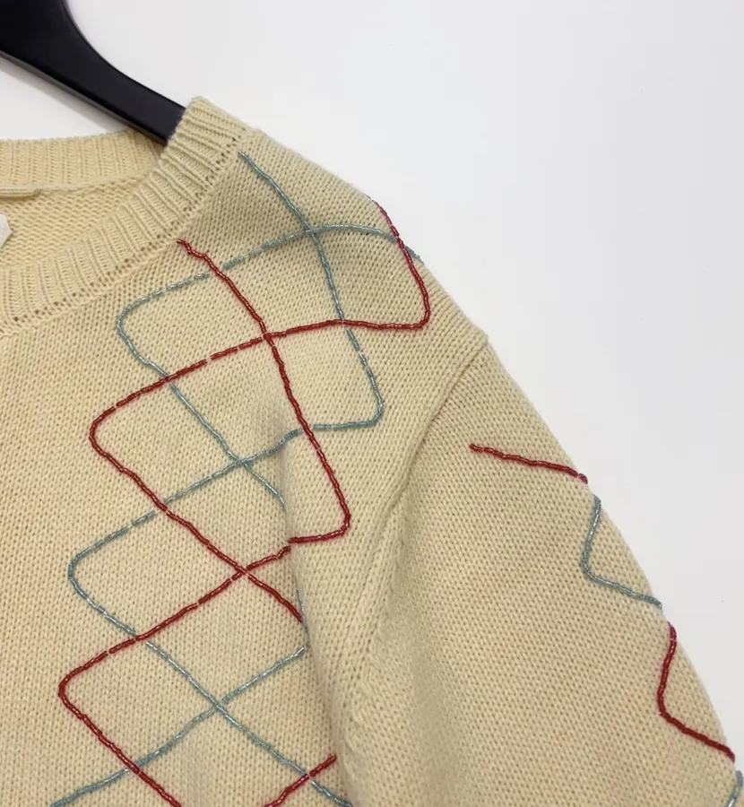 Beige Argyle Intarsia Knit Cardigan in Beige, product view 03