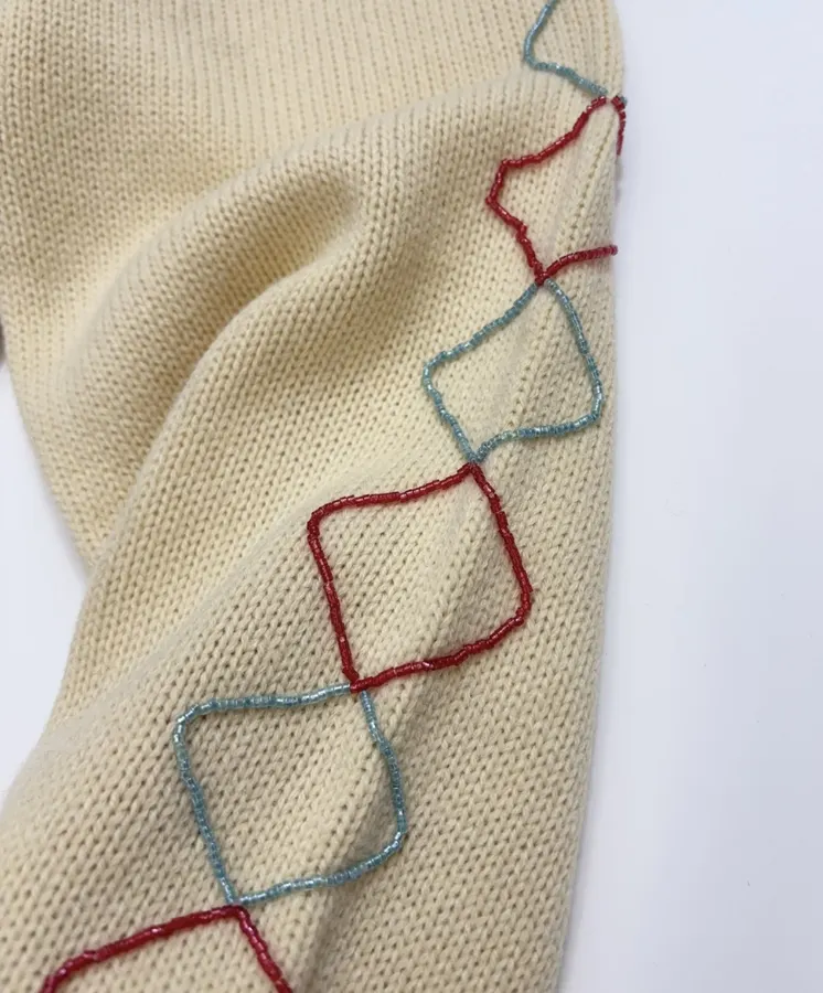 Beige Argyle Intarsia Knit Cardigan in Beige, product view 04