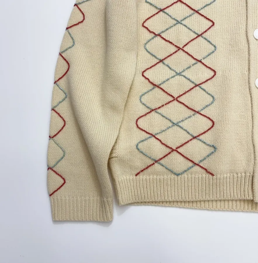 Beige Argyle Intarsia Knit Cardigan in Beige, product view 08