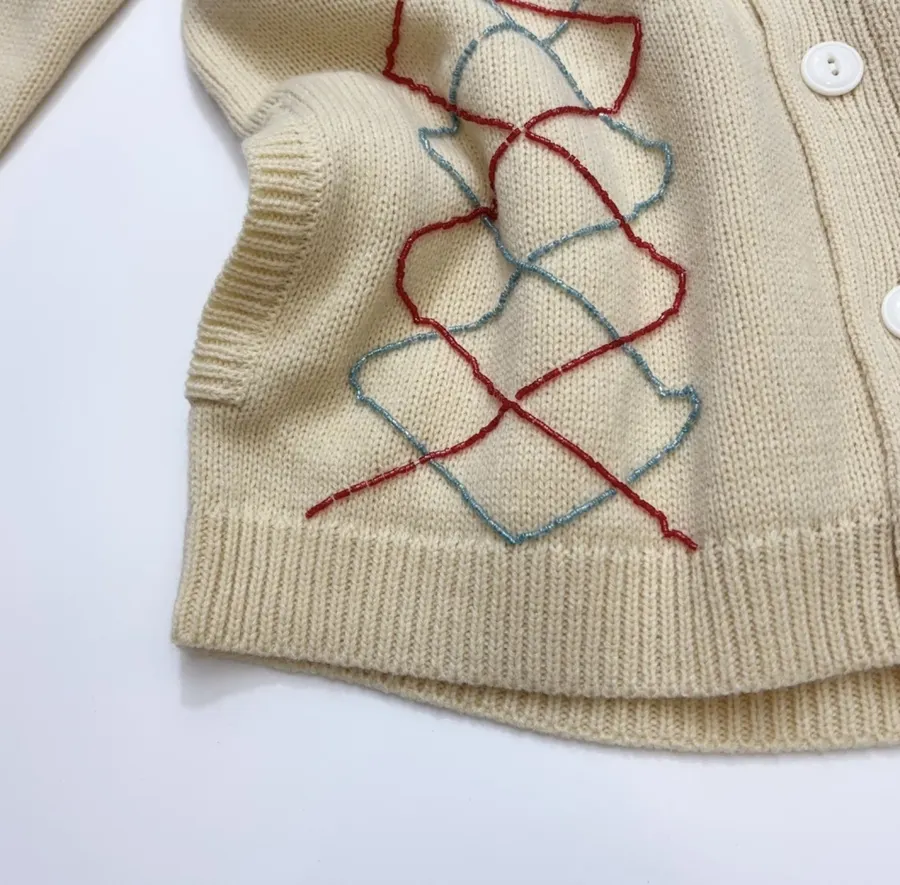 Beige Argyle Intarsia Knit Cardigan in Beige, product view 09