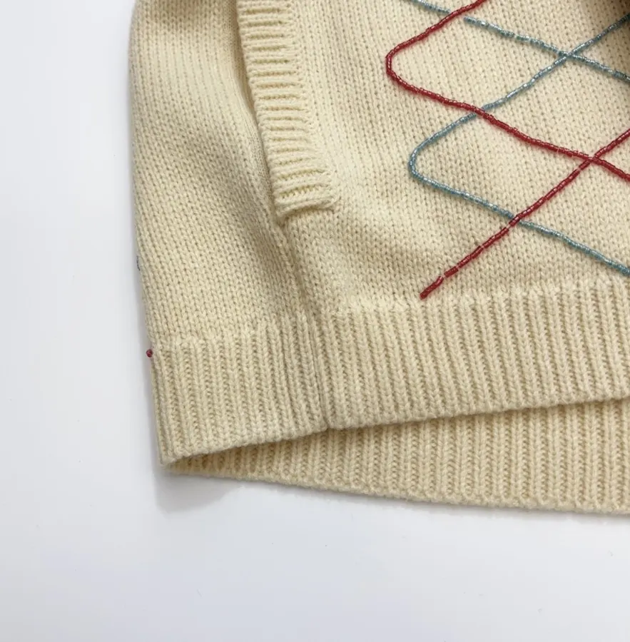 Beige Argyle Intarsia Knit Cardigan in Beige, product view 10