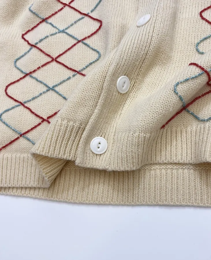 Beige Argyle Intarsia Knit Cardigan in Beige, product view 12