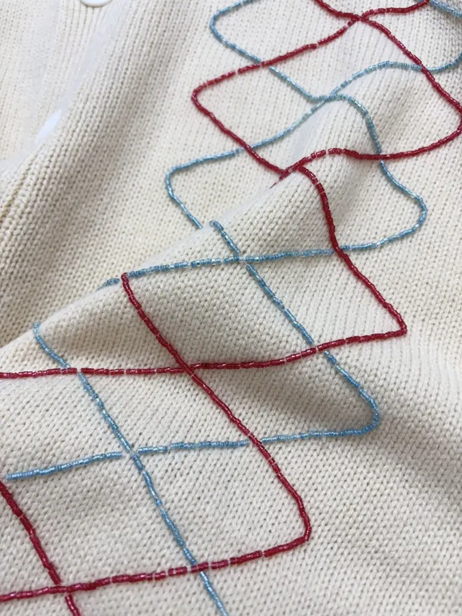Beige Argyle Intarsia Knit Cardigan in Beige, product view 15